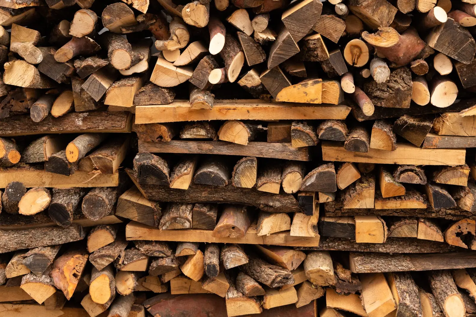Split logs stacked with their cut ends facing out