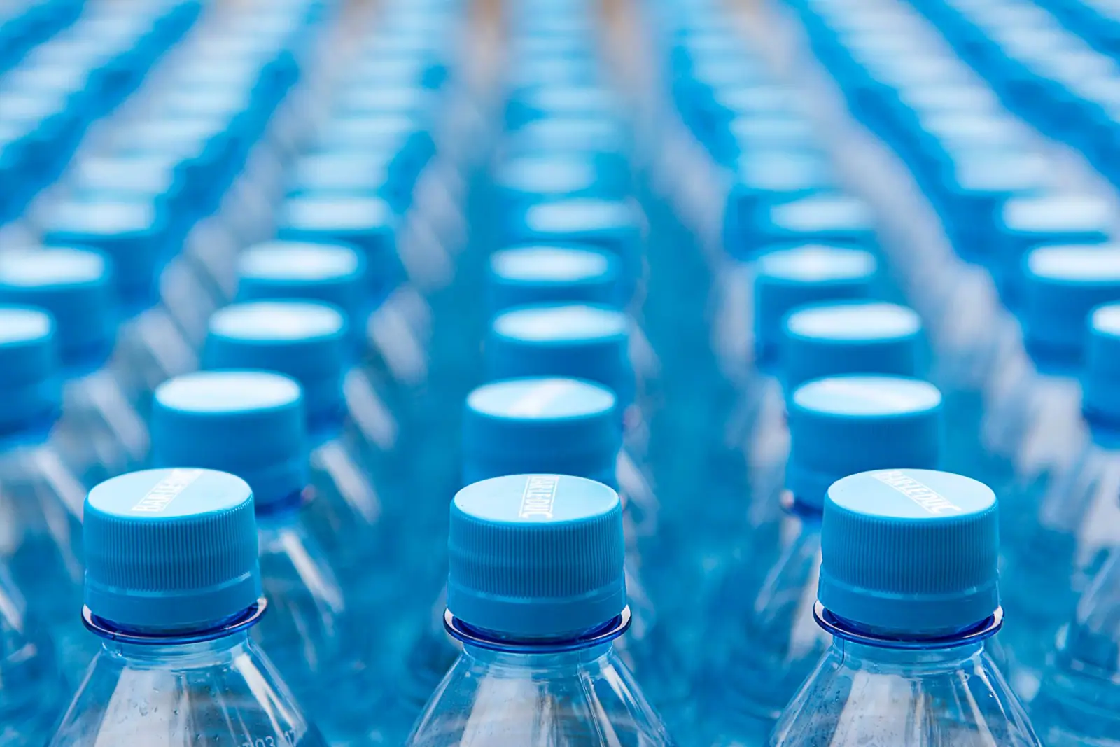 Blue plastic water bottles arranged in rows
